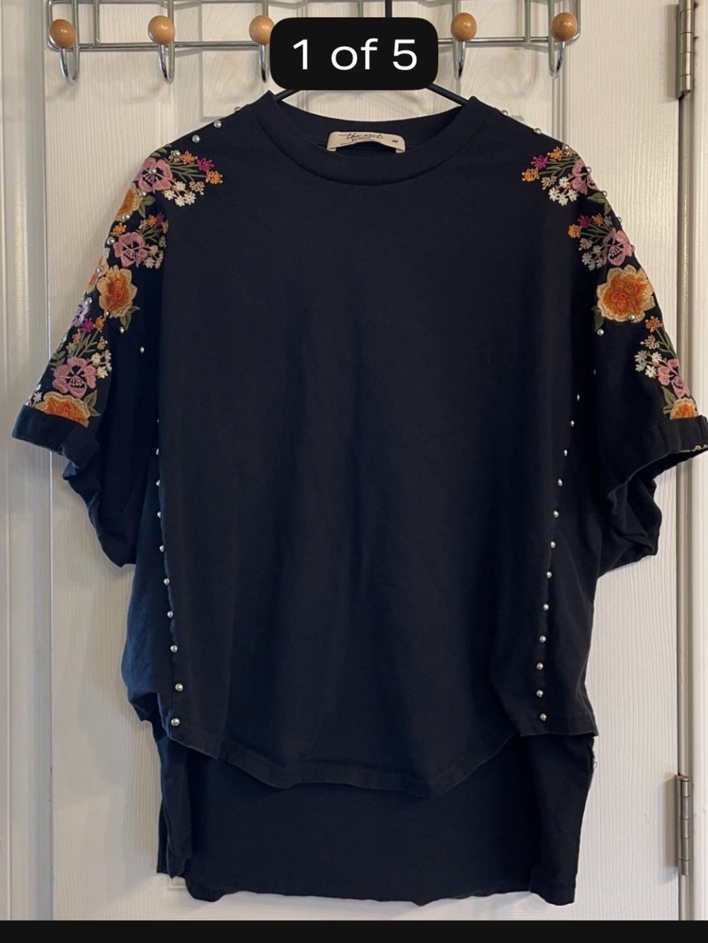 Three Bird Nest TOMCAT BLACK STUDDED HIGH LOW TOP with Floral Embroidery